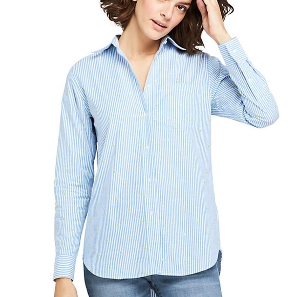 Lands' End Tops - Land's End Womens Oxford Boyfriend Embroidery Blue & White Stripe w Yellow Shirt
